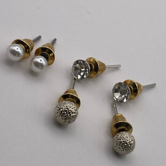 NWOT never worn set of 3 pairs of earrings small faux pearl silver ball crystal - Picture 2 of 3